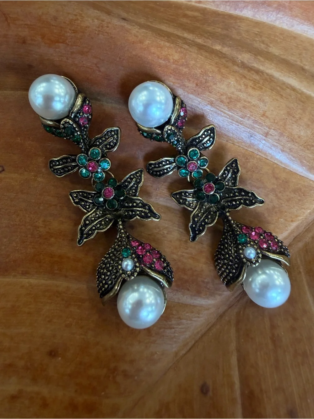 Vintage-Inspired Pearl Drop Earrings with Pink & Green Crystals